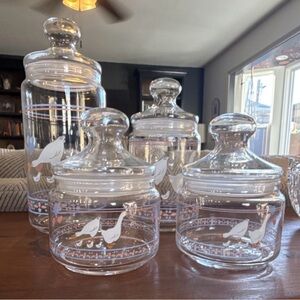 VINTAGE Luminarc Clear Glass Canister Set of 4 with Geese and Heart Pattern